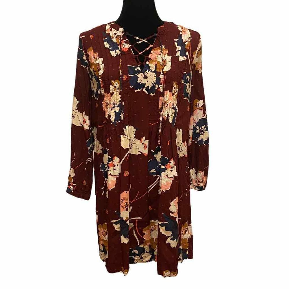 Old Navy Lace Up‎ Pintuck Front Burgundy Floral Prairie Dress
